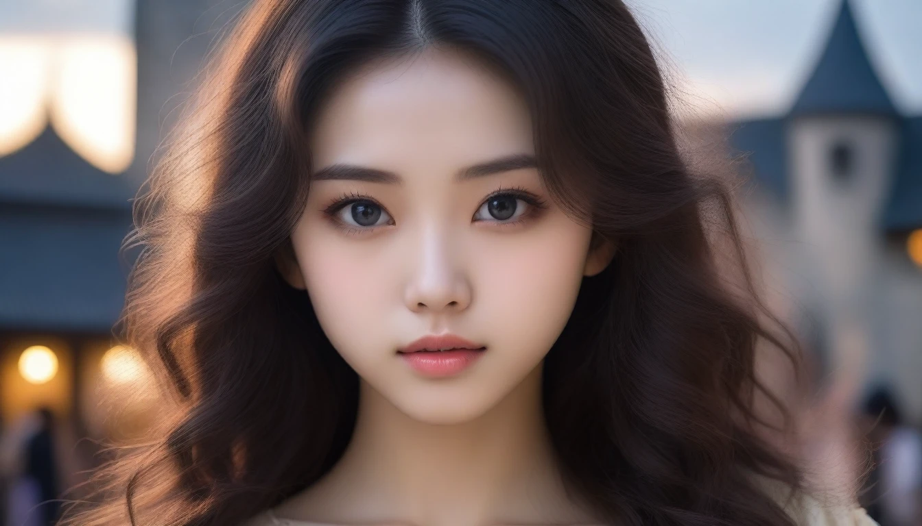 (((high definition image, masterpiece))), (goddess of breasts, a woman born from flowers, ((round face)), eyes realistic sizing, drooping eyes, smiling, small breasts, (unbuttoned blouse, cardigan, shirt), (((large swollen areolas, nipples))), (closeup areolas), ecstasy face, ((on the street, trees, medieval European buildings)),