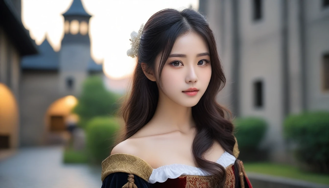 8k, Ultra-high resolution, Highest quality, masterpiece, 三分割法によるphotograph,Surreal, photograph, 1 Girl, (16 years old:1.3), pretty girl, Cute Face, Beautiful eyes in every detail, 細かくdetailedに,masterpiece,One Girl:1.2, Japan Female Announcer,extream close up,disgust,Long black hair,Loose curly hair,(Dressed in medieval European clothing:1.3),(印象派の美しい少女のPortraiture), (Standing in a medieval European square:1.3), (After the Rain), (Sunset reflection), (Impressionist light and colour),Realistic Skin, Perfect and beautiful face ,完璧でCute Face, Skin with attention to detail, Perfect limbs、Narrow waist,Looking at the audience、beauty,Long neck、(((Ideal body type))),A cup small breasts :2,Portraiture:2,Perfect Anatomy,鮮明なdetailed,detailed,Surreal,Light and shadow,darkness
