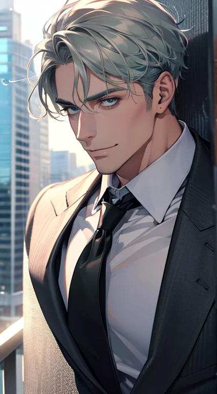 (best quality,4k,8k,highres,masterpiece:1.2),ultra-detailed,(realistic,photorealistic,photo-realistic:1.37),1 man,31 years old,mature man,very handsome,without expression,smile,short grey green hair,blue eyes,penetrating gaze,perfect face without errors,imposing posture,businessman,office background,cinematic lighting,hdr image