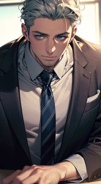 (best quality,4k,8k,highres,masterpiece:1.2),ultra-detailed,(realistic,photorealistic,photo-realistic:1.37),1 man,31 years old,mature man,very handsome,without expression,smile,short grey green hair,blue eyes,penetrating gaze,perfect face without errors,imposing posture,businessman,office background,cinematic lighting,hdr image