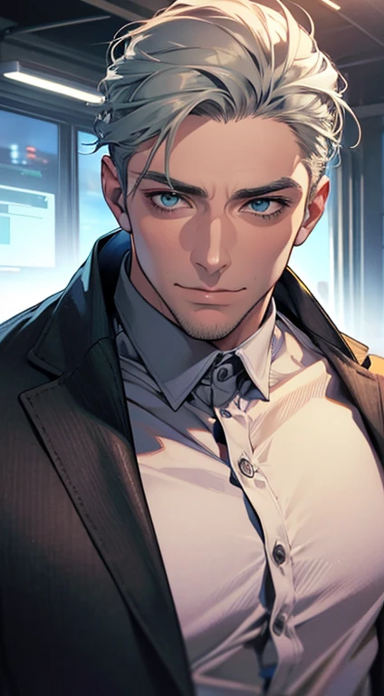 (best quality,4k,8k,highres,masterpiece:1.2),ultra-detailed,(realistic,photorealistic,photo-realistic:1.37),1 man,31 years old,mature man,very handsome,without expression,smile,short grey green hair,blue eyes,penetrating gaze,perfect face without errors,imposing posture,businessman,office background,cinematic lighting,hdr image