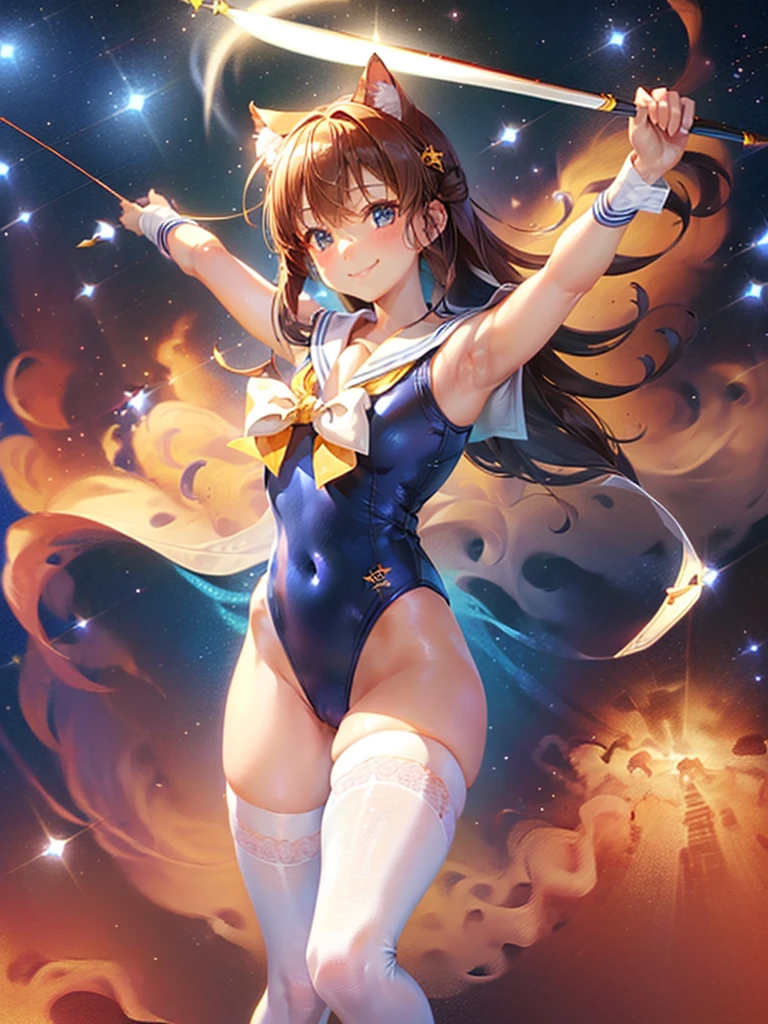 Highest quality,Highest Resolution,Masterpiece,(((A beautiful girl in a sailor leotard with a smile on her face))),High leg,Frills,White knee-high stockings,,Red tie,Cat ear,(((Halation))),Brown hair short bob,(((Elaborate:archery))),White angel wings on the back,universe,Milky Way,Meteor,dark,Bow of Light,whole body,Bow of Light,A distant view,Side view,(((Draw the bow))),Halo,弓を引いている,