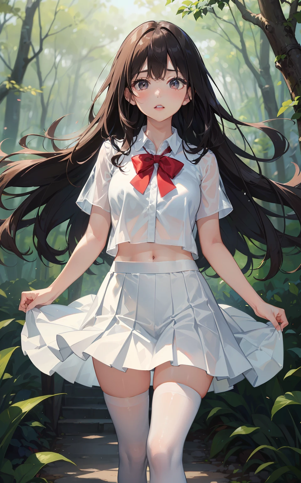 ((masterpiece)), ((Highest quality)), (Very detailed), ((e hig (Red cheeks), ((Very detailed)), (8k), Highest quality, (beautiful), Watercolor illustration, Focus on the face, ((Embarrassed, Lips open)), whole body, in the forest, alone, White shirt, ((beautiful胸のライン, )), (Pleated skirt), beautifulLong Hair, beautiful黒い瞳, White skin, Long Hair,( Detailed hair),Slender body,(( Medium chest, beautiful身体のライン)), White tights, ((White panties)), Pleated skirt, (The hem of the skirt flaps), Embarrassed face, Strong winds, Wind effects,