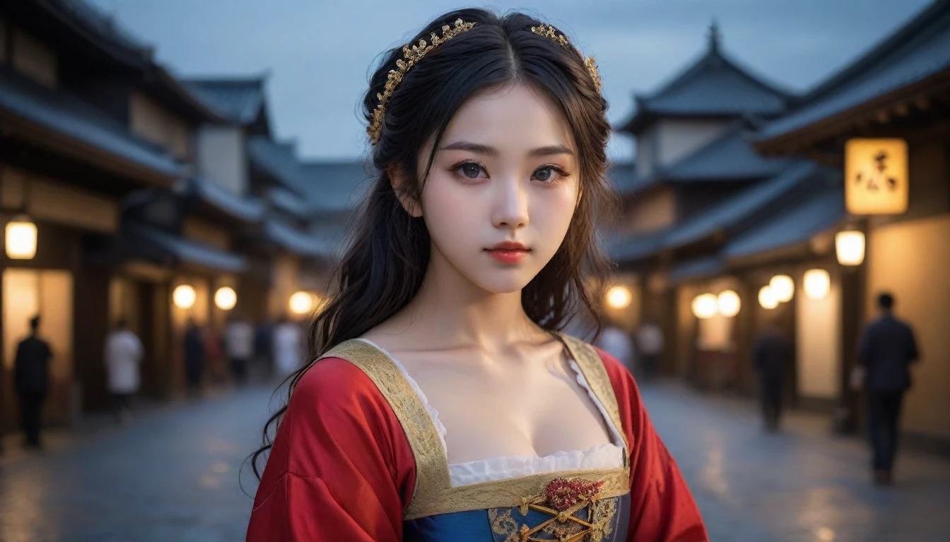 8k, Ultra-high resolution, Highest quality, masterpiece, 三分割法によるphotograph,Surreal, photograph, 1 Girl, (16 years old:1.3), pretty girl, Cute Face, Beautiful eyes in every detail, 細かくdetailedに,masterpiece,One Girl:1.2, Japan Female Announcer,extream close up,disgust,Long black hair,Loose curly hair,(Dressed in medieval European clothing:1.3),(印象派の美しい少女のPortraiture), (Standing in a medieval European square:1.3), (After the Rain), (Sunset reflection), (Impressionist light and colour),Realistic Skin, Perfect and beautiful face ,完璧でCute Face, Skin with attention to detail, Perfect limbs、Narrow waist,Looking at the audience、beauty,Long neck、(((Ideal body type))),A cup small breasts :2,Portraiture:2,Perfect Anatomy,鮮明なdetailed,detailed,Surreal,Light and shadow,darkness