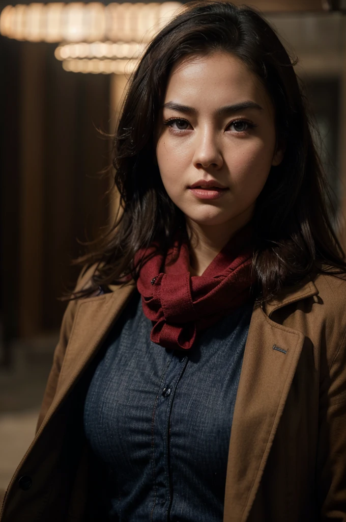Jessica Henwick, brown coat, red scarf, black t-shirt, blue jeans, beautiful detailed eyes, beautiful detailed lips, extremely detailed eyes and face, long eyelashes, photorealistic, portrait, realistic, 8k, hyperrealistic, chiaroscuro lighting, cinematic, dramatic lighting, warm color tones