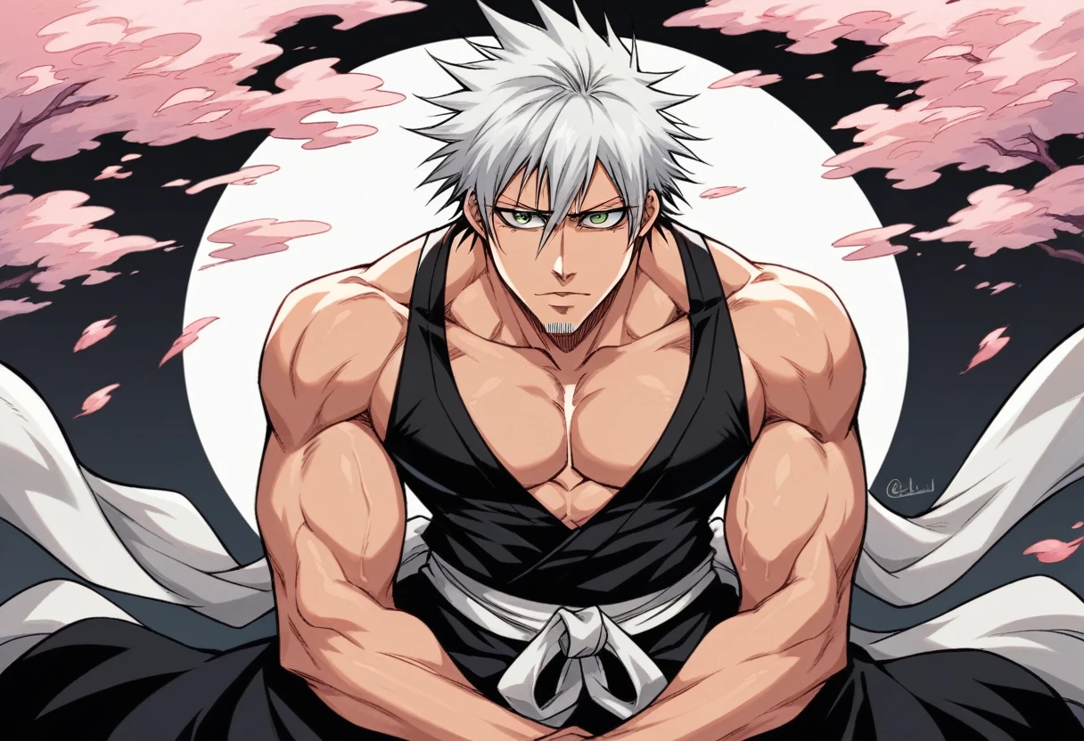 1 boy, male focus, Intricate details, 1 man, handsome, white hair, vibrant green eyes, slim muscles, anime, 19 years old, 19 years old, a small goatee, shinigami kimono, shinigami, bleach style, bleach, tank top, kimono , bleach, bleach style (black kimono)
