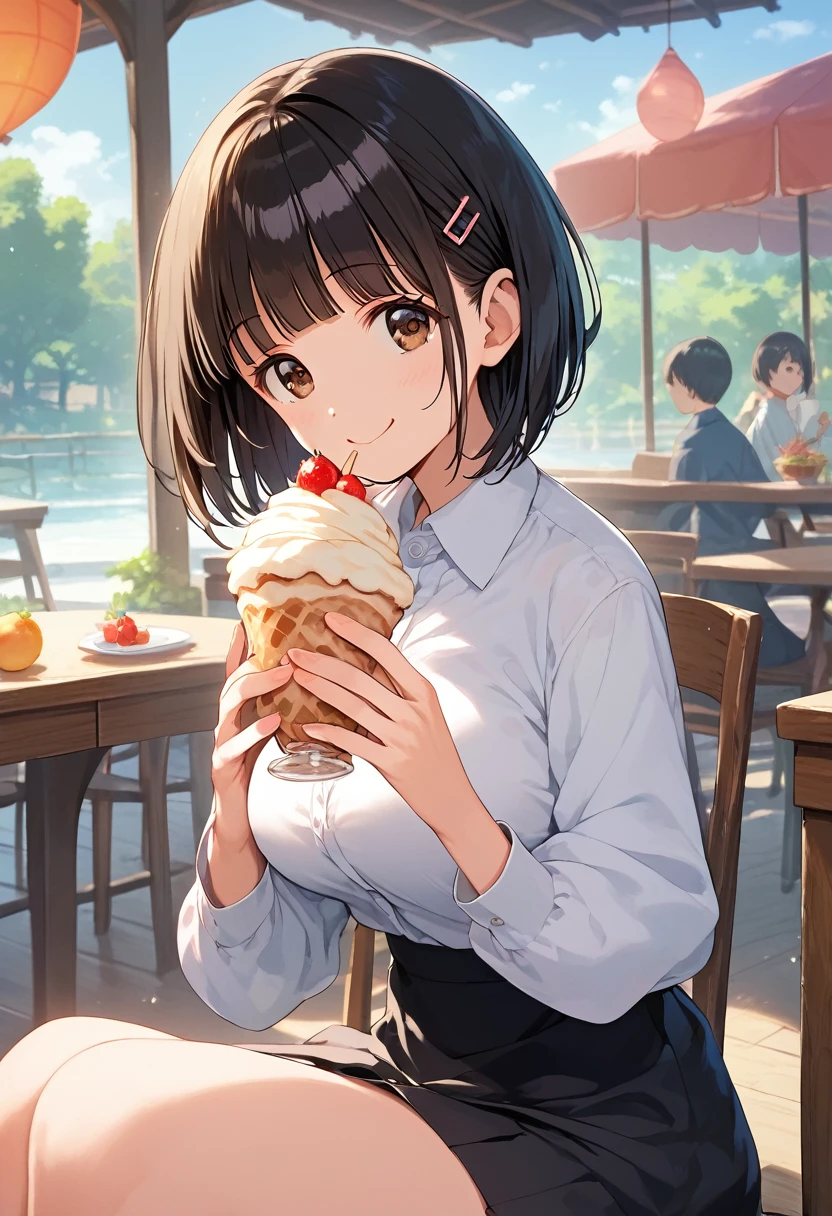 score_9,score_8_up,score_7_up,masterpiece,best quality, source anime, official art, super detailed, extreme detailed, rating_safe,
1girl, eating fruit parfait,
BREAK girl, 22yo, short hair, bob cut, (blunt bangs), black hair, (tareme, detailed cute brown eyes), curled eyelashes, (large breasts:0.9),
shiny hair, beautiful detailed eyes, beautiful face,
white collared shirt, black tight mini skirt,
happy, smile,
Modern Cafe,