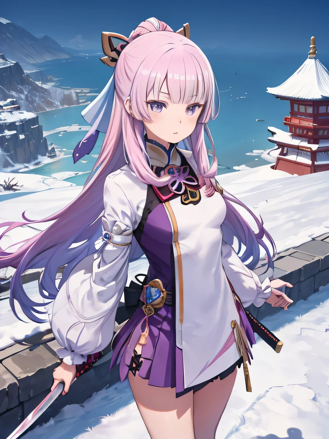 Extreme Detail, perfection, aerial photograph, Like a work of art, Anime girl with ice and snow sword, Her pink hair and long purple skirt complement each other well., Ayaka Genshin gazing into the distance, Leading to the world of Genshin.