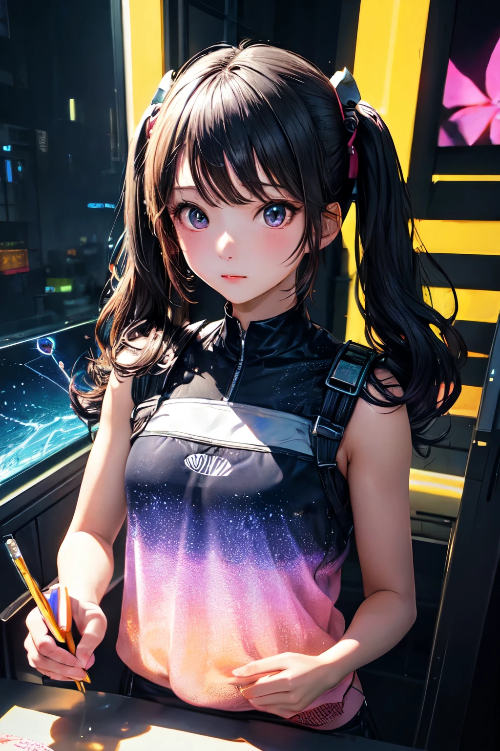 Twin tails, Aesthetic harmony of dark colors, Gothic Cyberpunk, A miraculous fusion with Ukiyo-e, Creating a fantastical view of the universe with a holographic transparent coating,
BREAK: Dyeing clothes with fluorescent neon colors, Microscopic transparent iridescent gemstones border the outline,
BREAK Professional spray work, Detailed and intricate texture, Detailed and intricate brushwork, Detailed and clear depiction, Anatomically correct, Absurd aesthetics,
BREAK A dark background that makes the subject stand out, dramatic cinematographic lighting,
BREAK Highest quality, Highest Resolution, Octane Rendering, super retina vision,