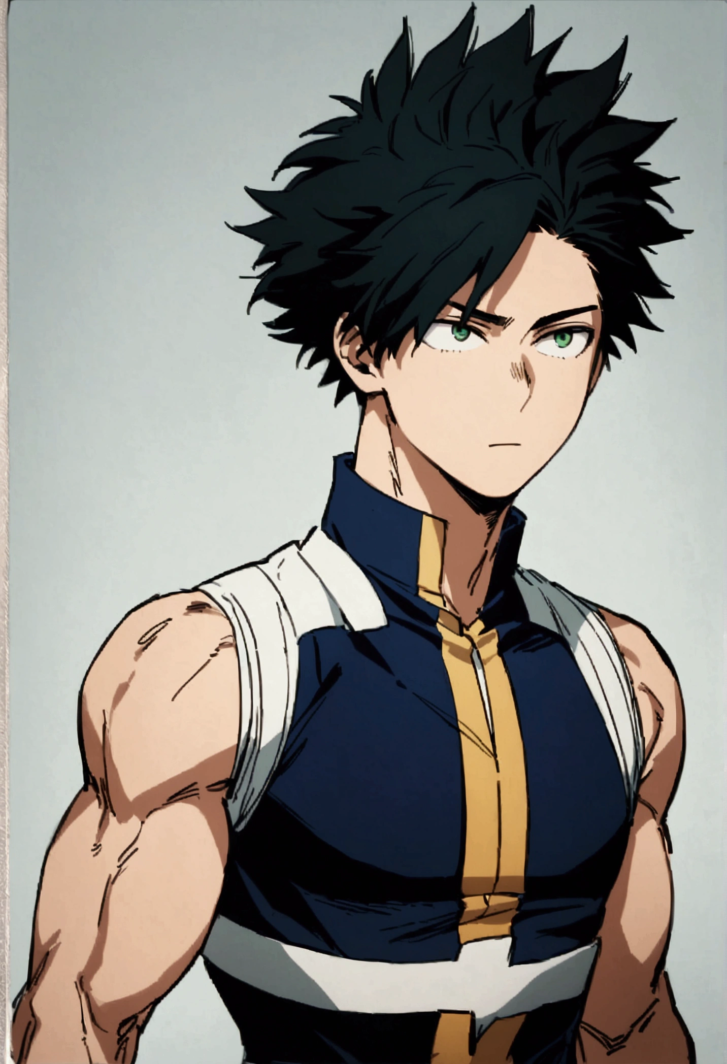 He is a 17 year old teenager, He has slightly disheveled black hair..., somewhat light green eyes, looking straight ahead, (identity card photo)  , muscular body , He is dressed in the anime uniform. "my hero academia"