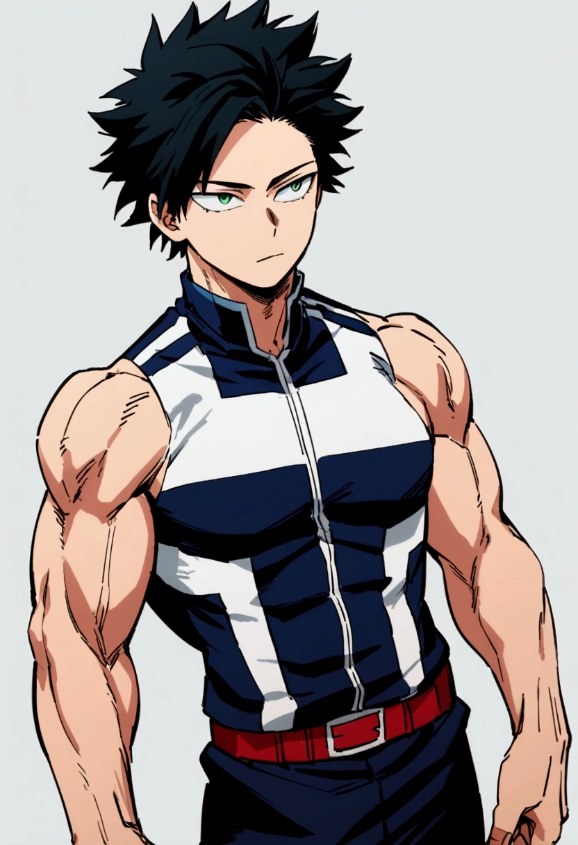 He is a 17 year old teenager, He has slightly disheveled black hair..., somewhat light green eyes, looking straight ahead, (identity card photo) , muscular body , He is dressed in the anime uniform. "my hero academia"