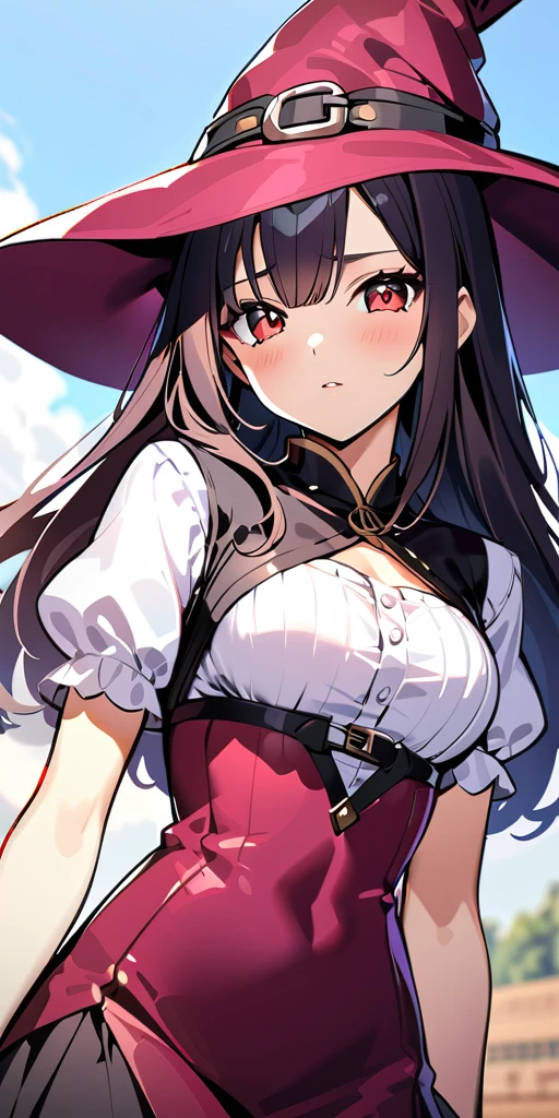 ((Highest quality、masterpiece、anime style、best quality、high resolution、8k、detailed、ultra-detailed:1.3))、Long legs、Sharp focus:1.2, Beautiful woman with perfect figure:1.4、(Smiling:1.2), double eyelid、30-year-old female、Sexy pose、((((Close your mouth、One Woman、Witch、The background is a different world、Outdoor:1.5))))、(((((Hands on the side of the body)))))