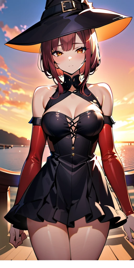 ((Highest quality、masterpiece、anime style、best quality、high resolution、8k、detailed、ultra-detailed:1.3))、Long legs、Sharp focus:1.2, Beautiful woman with perfect figure:1.4、(Smiling:1.2), double eyelid、30-year-old female、Sexy pose、((((Close your mouth、One Woman、Witch、The background is a different world、Outdoor:1.5))))、(((((Hands on the side of the body)))))