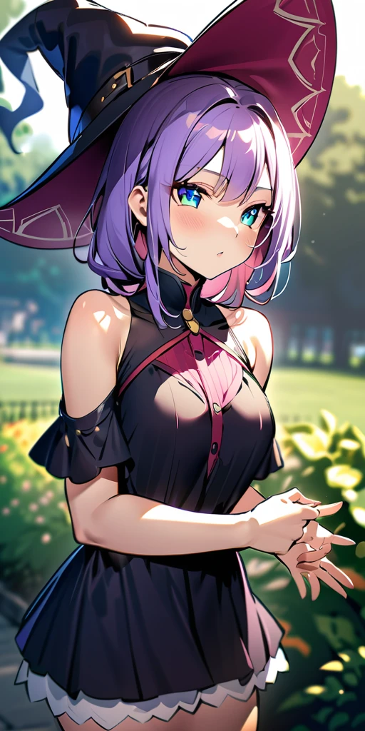 ((Highest quality、masterpiece、anime style、best quality、high resolution、8k、detailed、ultra-detailed:1.3))、Long legs、Sharp focus:1.2, Beautiful woman with perfect figure:1.4、(Smiling:1.2), double eyelid、30-year-old female、Sexy pose、((((Close your mouth、One Woman、Witch、The background is a different world、Outdoor:1.5))))、(((((Hands on the side of the body)))))