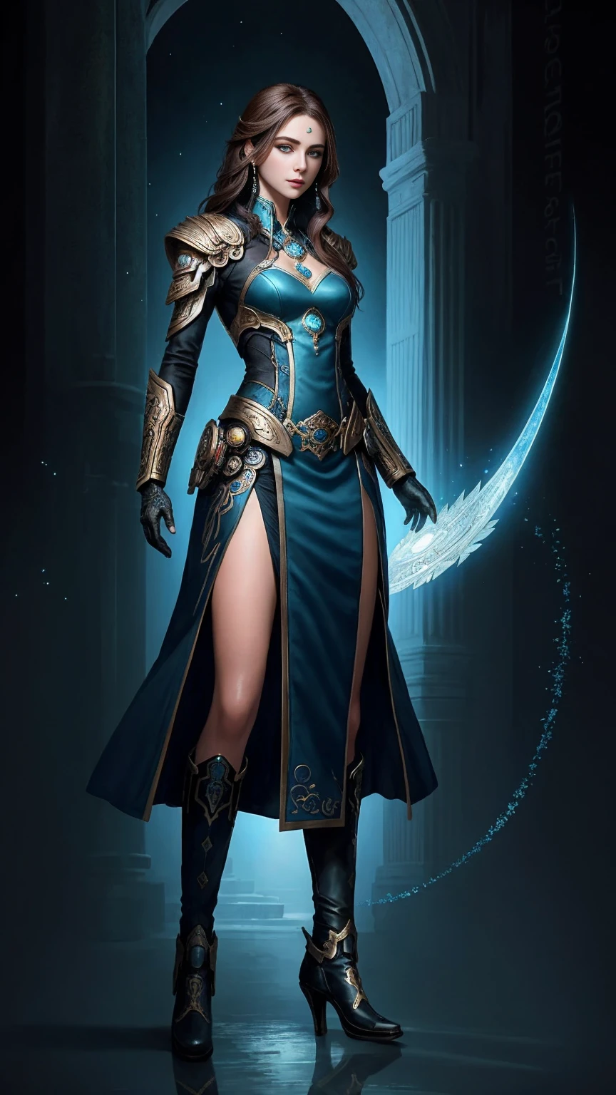 uma mulher em um vestido prateado e azul, corpo inteiro, arte de fantasia detalhada, arte de personagem impressionante, epic and exquisite character art, bela armadura da rainha, arte extremamente detalhada 8k, numa paisagem extremamente detalhada 8k, --auto