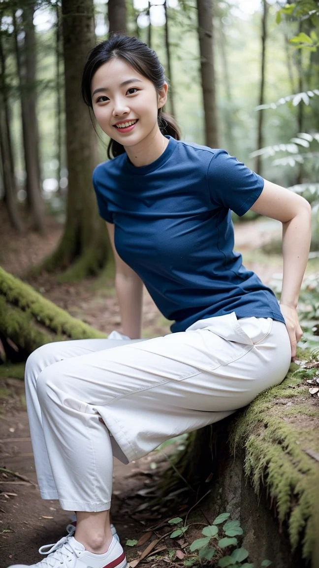 masterpiece, best quality, Surreal, Ultra Detailed, 8K resolution, RAW photos, Clear focus, (A girl in the forest), ((navy blue shirt:1.1)), Short sleeve, Long sweatpants,Full body posture, Solitary, Perfect body, Become a, 32 inches in the chest,(a charming smile:1), (sexy pose),26 years old, light,White shoes