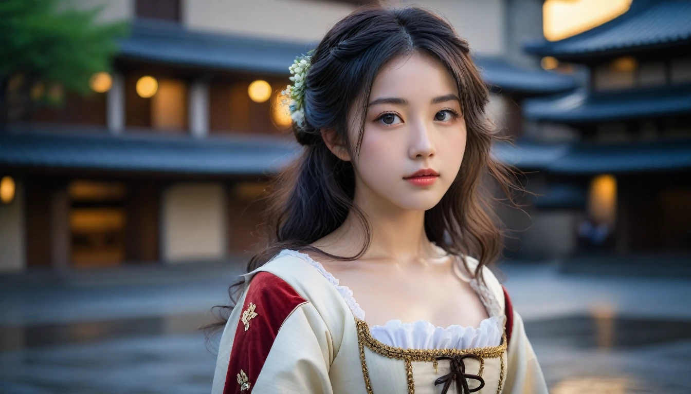 8k, Ultra-high resolution, Highest quality, masterpiece, 三分割法によるphotograph,Surreal, photograph, 1 Girl, (16 years old:1.3), pretty girl, Cute Face, Beautiful eyes in every detail, 細かくdetailedに,masterpiece,One Girl:1.2, Japan Female Announcer,extream close up,disgust,Long black hair,Loose curly hair,(Dressed in medieval European clothing:1.3),(印象派の美しい少女のPortraiture), (Standing in a medieval European square:1.3), (After the Rain), (Sunset reflection), (Impressionist light and colour),Realistic Skin, Perfect and beautiful face ,完璧でCute Face, Skin with attention to detail, Perfect limbs、Narrow waist,Looking at the audience、beauty,Long neck、(((Ideal body type))),A cup small breasts :2,Portraiture:2,Perfect Anatomy,鮮明なdetailed,detailed,Surreal,Light and shadow,darkness