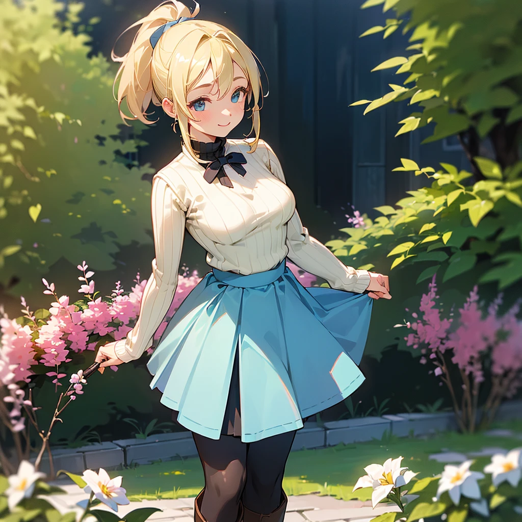 (high quality, High resolution, Very detailed, reality:1.37), Peaceful atmosphere, (Outdoor, garden), Teenage girl standing alone, (my breasts are big.), Beautiful details, Cute Smile, (Blonde Ponytail), Ribbed sweater, Blue Skirt, Black tights, Brown boots.