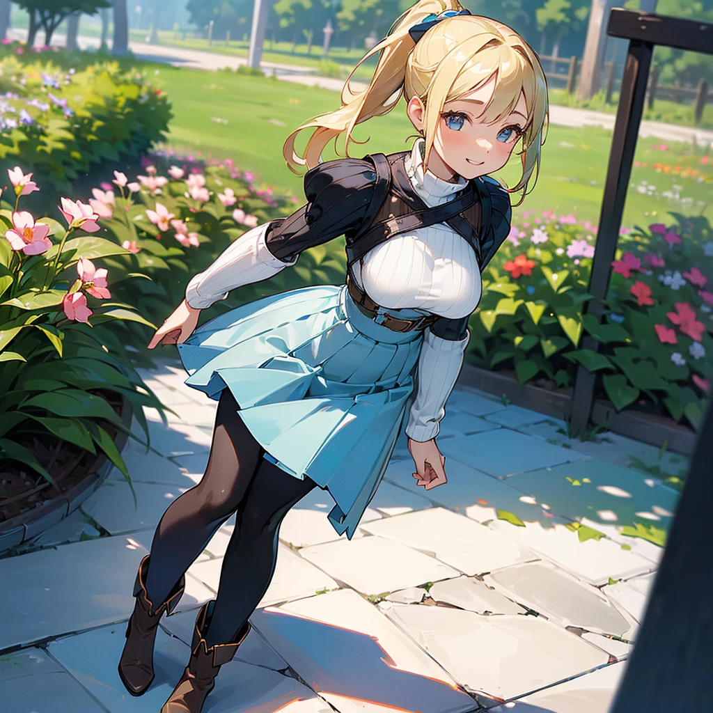 (high quality, High resolution, Very detailed, reality:1.37), Peaceful atmosphere, (Outdoor, garden), Teenage girl standing alone, (my breasts are big.), Beautiful details, Cute Smile, (Blonde Ponytail), Ribbed sweater, Blue Skirt, Black tights, Brown boots.