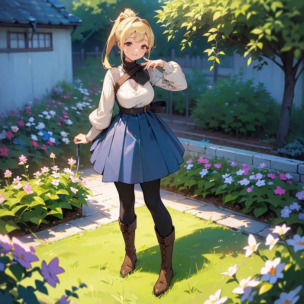 (high quality, High resolution, Very detailed, reality:1.37), Peaceful atmosphere, (Outdoor, garden), age girl standing alone, (my breasts are big.), Beautiful details, Cute Smile, (Blonde Ponytail), Ribbed sweater, Blue Skirt, Black tights, Brown boots.