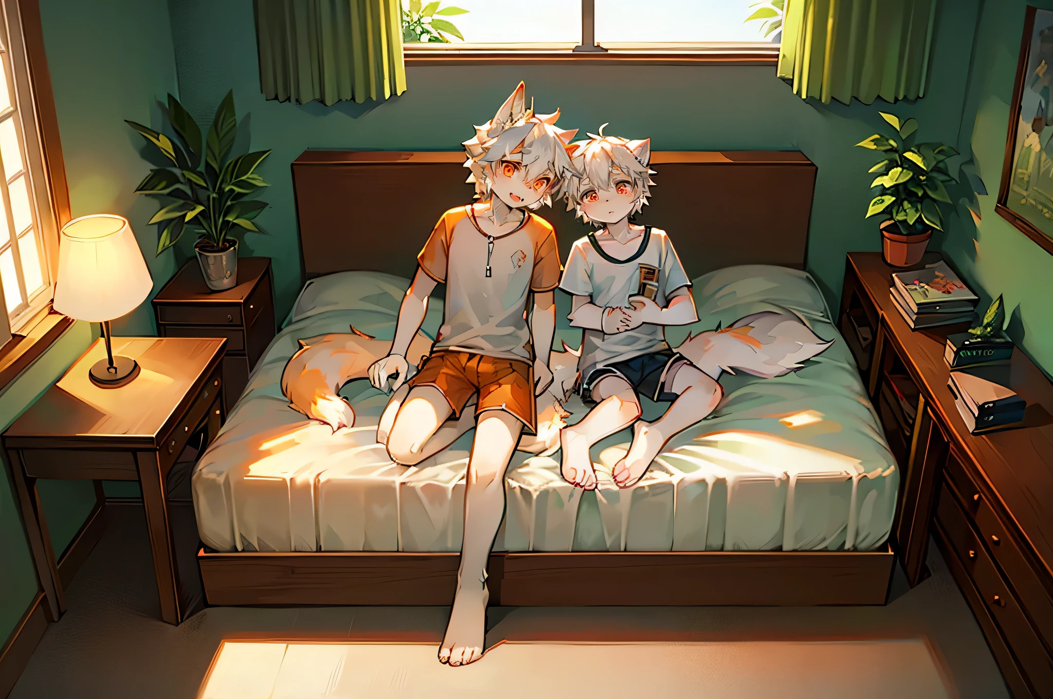 2 White and orange wolf youth，Boys and Girls，Orange pupils，White hair，Shorts and shorts，nearl，On the bed，desk lamp，curtain，Green Plants，Potted plants，Book柜，Bedside window，Leaning against the bed，cabinet，Wooden railings，Book