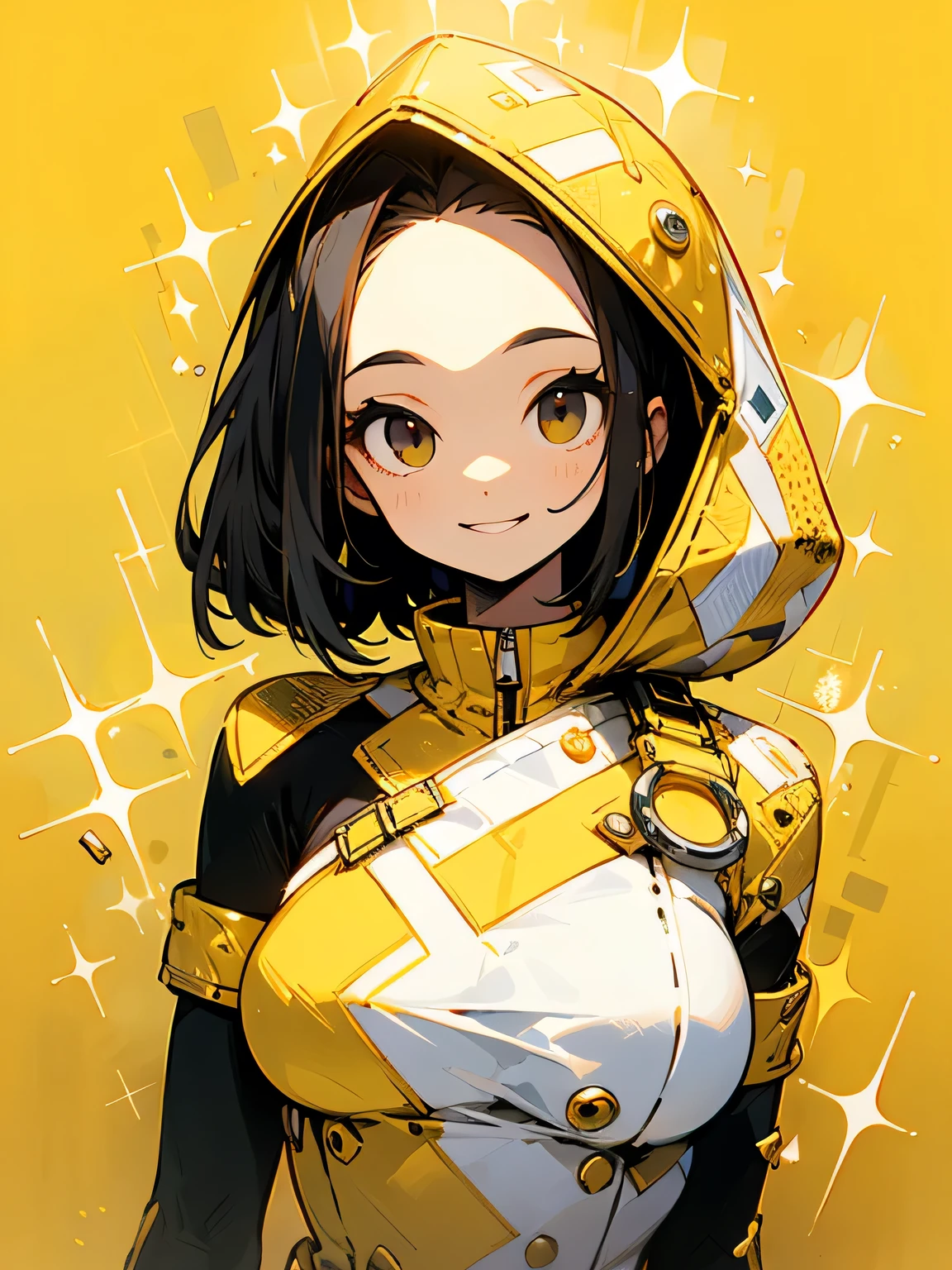 solo,upperbody,black hair,straight thin bob,big forehead,smile, no sleeve dress,model pose,gold background,