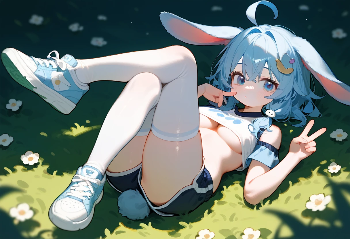 a close up of a lop ears rabbit lying down with shoes on feet, 1girl, animal ears, solo, thighhighs, breasts, tail, sneakers, shorts, shoes, hair ornament, grass, shoulder cutout, :3, ahoge, v, hood,(score_9,score_8_up,score_7_up), ncaaoo33,  cute girl ,lop rabbit ears,medium hair,blue cute girl ,lop rabbit ears,blue hair,ahoge ,straight_hair ,crossed_bangs,blue eyes ,underboob