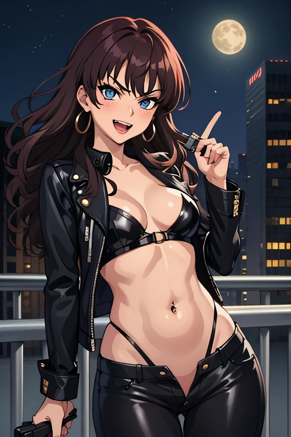 (masterpiece, best quality, ultra detailed), (perfect face, detailed face), (detailed background, complex background:1.2), full-face blush, smile, looking at viewers,
megumi tokoro, long hair, blush, lipstick, Hot girl, baddie, staring, glaring, bad attitude, mean girl, dare, angry, hate, crazy, smoking, sensual, attractive, outdoors, rooftop, cityscape, building, railing, night, night sky, scenery, moon, city lights,
masterpiece, best quality, highly detailed, a girls with a gun, evil smile , open mouth, sexy gaze, badass
pose , evil smile, smile, (nsfw) not safe for work, guns blazing, anime girl with long hair, beautiful long
haired girl, navel, evil expression, exposed belly, exposed navel, exposed midriff, exposed lower belly,
long black pants, crop top, cleavage, unbuttoned leather pants ,open fly, low rise black leather pants,
leather jacket, holding a gun, navel piercing