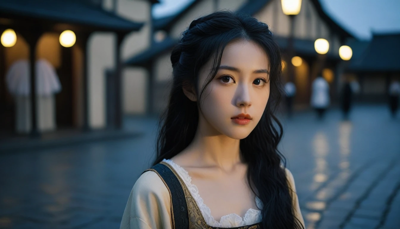 8k, Ultra-high resolution, Highest quality, masterpiece, 三分割法によるphotograph,Surreal, photograph, 1 Girl, (16 years old:1.3), pretty girl, Cute Face, Beautiful eyes in every detail, 細かくdetailedに,masterpiece,One Girl:1.2, Japan Female Announcer,extream close up,disgust,Long black hair,Loose curly hair,(Dressed in medieval European clothing:1.3),(印象派の美しい少女のPortraiture), (Standing in a medieval European square:1.3), (After the Rain), (Sunset reflection), (Impressionist light and colour),Realistic Skin, Perfect and beautiful face ,完璧でCute Face, Skin with attention to detail, Perfect limbs、Narrow waist,Looking at the audience、beauty,Long neck、(((Ideal body type))),A cup small breasts :2,Portraiture:2,Perfect Anatomy,鮮明なdetailed,detailed,Surreal,Light and shadow,darkness