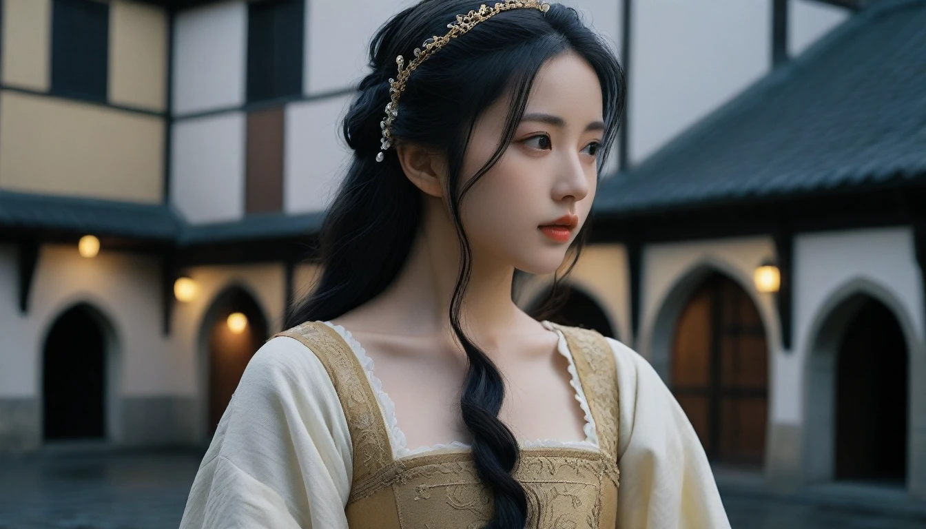 8k, Ultra-high resolution, Highest quality, masterpiece, 三分割法によるphotograph,Surreal, photograph, 1 Girl, (16 years old:1.3), pretty girl, Cute Face, Beautiful eyes in every detail, 細かくdetailedに,masterpiece,One Girl:1.2, Japan Female Announcer,extream close up,disgust,Long black hair,Loose curly hair,(Dressed in medieval European clothing:1.3),(印象派の美しい少女のPortraiture), (Standing in a medieval European square:1.3), (After the Rain), (Sunset reflection), (Impressionist light and colour),Realistic Skin, Perfect and beautiful face ,完璧でCute Face, Skin with attention to detail, Perfect limbs、Narrow waist,Looking at the audience、beauty,Long neck、(((Ideal body type))),A cup small breasts :2,Portraiture:2,Perfect Anatomy,鮮明なdetailed,detailed,Surreal,Light and shadow,darkness