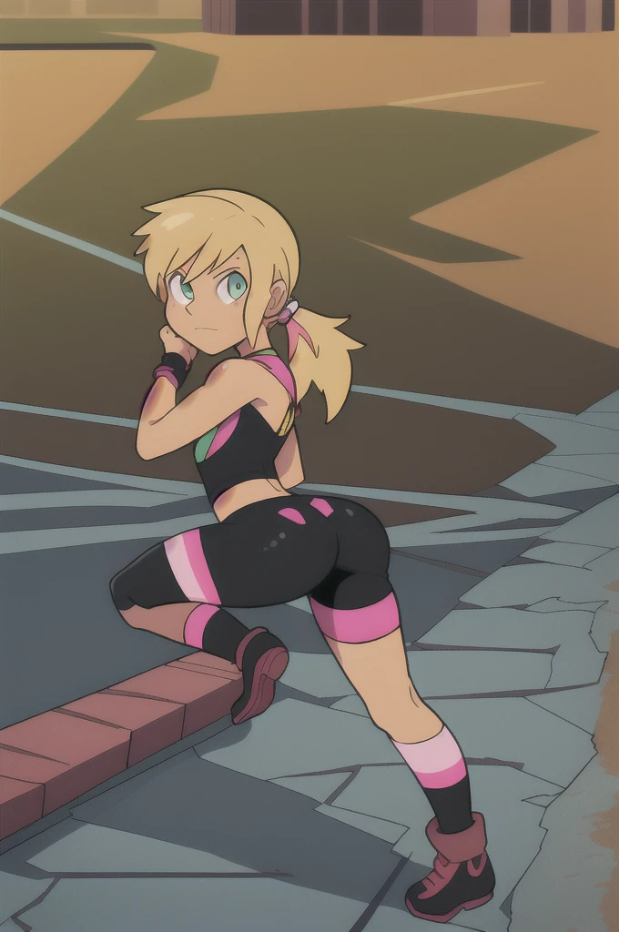 GameGirl , (blonde ponytail) with pink streak highlights, 80's anime style, (flat chest),  thighs, hips, small waist,  park bench, biker shorts,  cloudy day, near train tracks, bike rack, weak wilted plants, cracks in sidewalk, butterflies and daisies, sunlight shining on character, ass