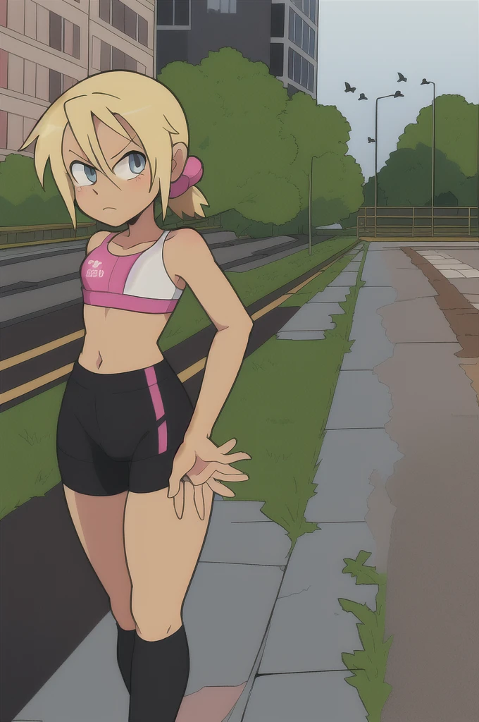 GameGirl , (blonde ponytail) with pink streak highlights, 80's anime style, (flat chest),  thighs, hips, small waist,  park bench, biker shorts,  cloudy day, near train tracks, bike rack, weak wilted plants, cracks in sidewalk, butterflies and daisies, sunlight shining on character, ass