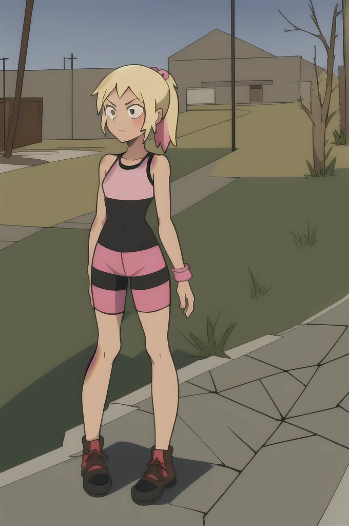 GameGirl , (blonde ponytail) with pink streak highlights, 80's anime style, (flat chest), thighs, hips, small waist, park bench, biker shorts, cloudy day, near train tracks, bike rack, weak wilted plants, cracks in sidewalk, butterflies and daisies, sunlight shining on character, ass