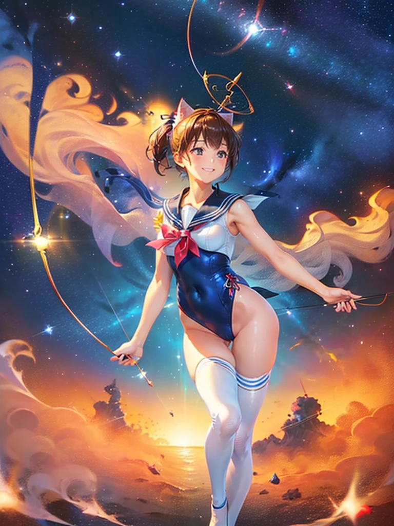 Highest quality,Highest Resolution,Masterpiece,(((A beautiful girl in a sailor leotard with a smile on her face))),High leg,Frills,White knee-high stockings,,Red tie,Cat ear,(((Halation))),Brown hair short bob,(((Elaborate:archery))),White angel wings on the back,universe,Milky Way,Meteor,dark,Bow of Light,whole body,Bow of Light,A distant view,Side view,(((Draw the bow))),Halo,弓を引いている,