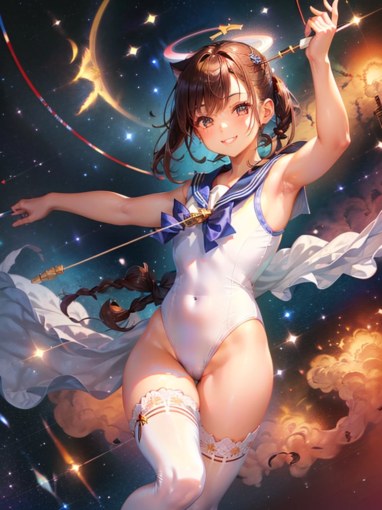 Highest quality,Highest Resolution,Masterpiece,(((A beautiful girl in a sailor leotard with a smile on her face))),High leg,Frills,White knee-high stockings,,Red tie,Cat ear,(((Halation))),Brown hair short bob,(((Elaborate:archery))),White angel wings on the back,universe,Milky Way,Meteor,dark,Bow of Light,whole body,Bow of Light,A distant view,Side view,(((Draw the bow))),Halo,弓を引いている,