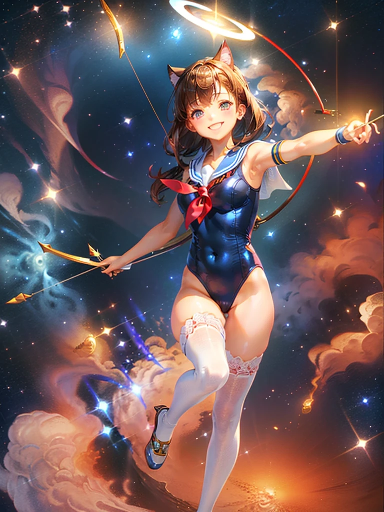 Highest quality,Highest Resolution,Masterpiece,(((A beautiful girl in a sailor leotard with a smile on her face))),High leg,Frills,White knee-high stockings,,Red tie,Cat ear,(((Halation))),Brown hair short bob,(((Elaborate:archery))),White angel wings on the back,universe,Milky Way,Meteor,dark,Bow of Light,whole body,Bow of Light,A distant view,Side view,(((Draw the bow))),Halo,弓を引いている,