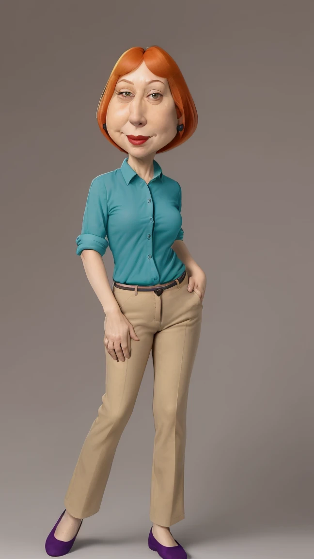 | ((masterpiece, best quality)),(complex light), 1woman, full body, solo, Lois Griffin, short burnt orange hair, seductively smiling, teal (untucked:1.25) collared button-down shirt (rolled up sleeves:1.15), linen beige pants, eggplant purple ballet flats shoes, simple background, standing, sexy pose, cyberrealism, 345% accurate, 345% detailed, 345% actual