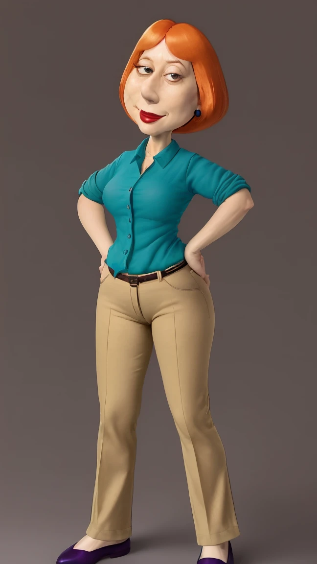 | ((masterpiece, best quality)),(complex light), 1woman, full body, solo, Lois Griffin, short burnt orange hair, seductively smiling, teal (untucked:1.25) collared button-down shirt (rolled up sleeves:1.15), linen beige pants, eggplant purple ballet flats shoes, simple background, standing, sexy pose, cyberrealism, 345% accurate, 345% detailed, 345% actual