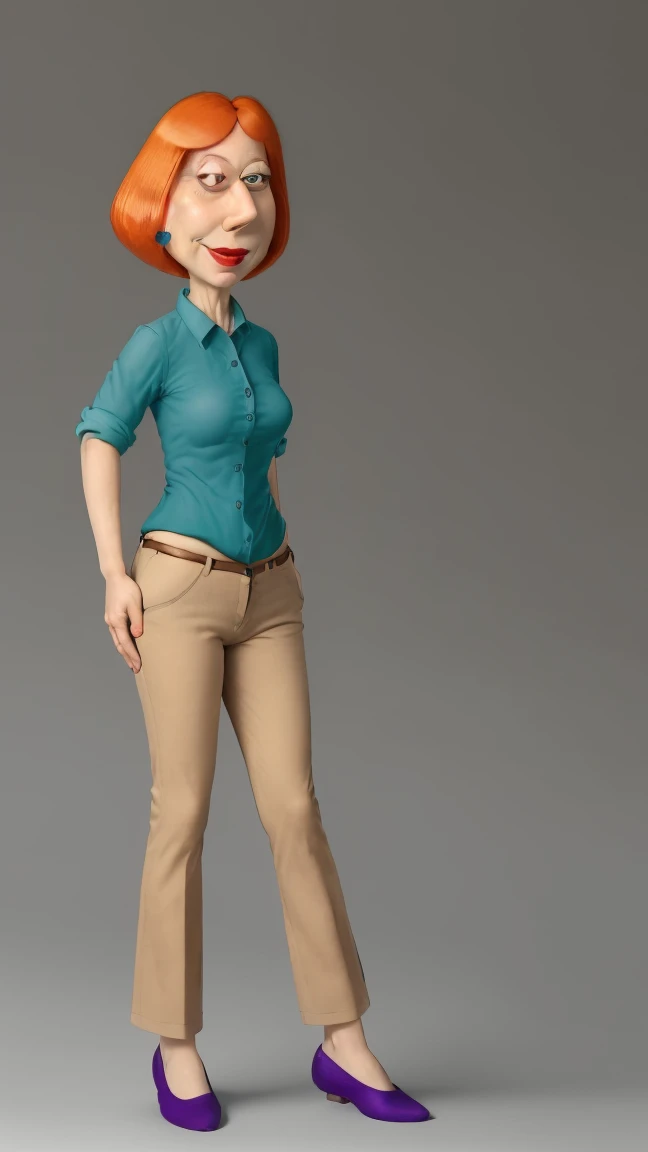| ((masterpiece, best quality)),(complex light), 1woman, full body, solo, Lois Griffin, short burnt orange hair, seductively smiling, teal (untucked:1.25) collared button-down shirt (rolled up sleeves:1.15), linen beige pants, eggplant purple ballet flats shoes, simple background, standing, sexy pose, cyberrealism, 345% accurate, 345% detailed, 345% actual