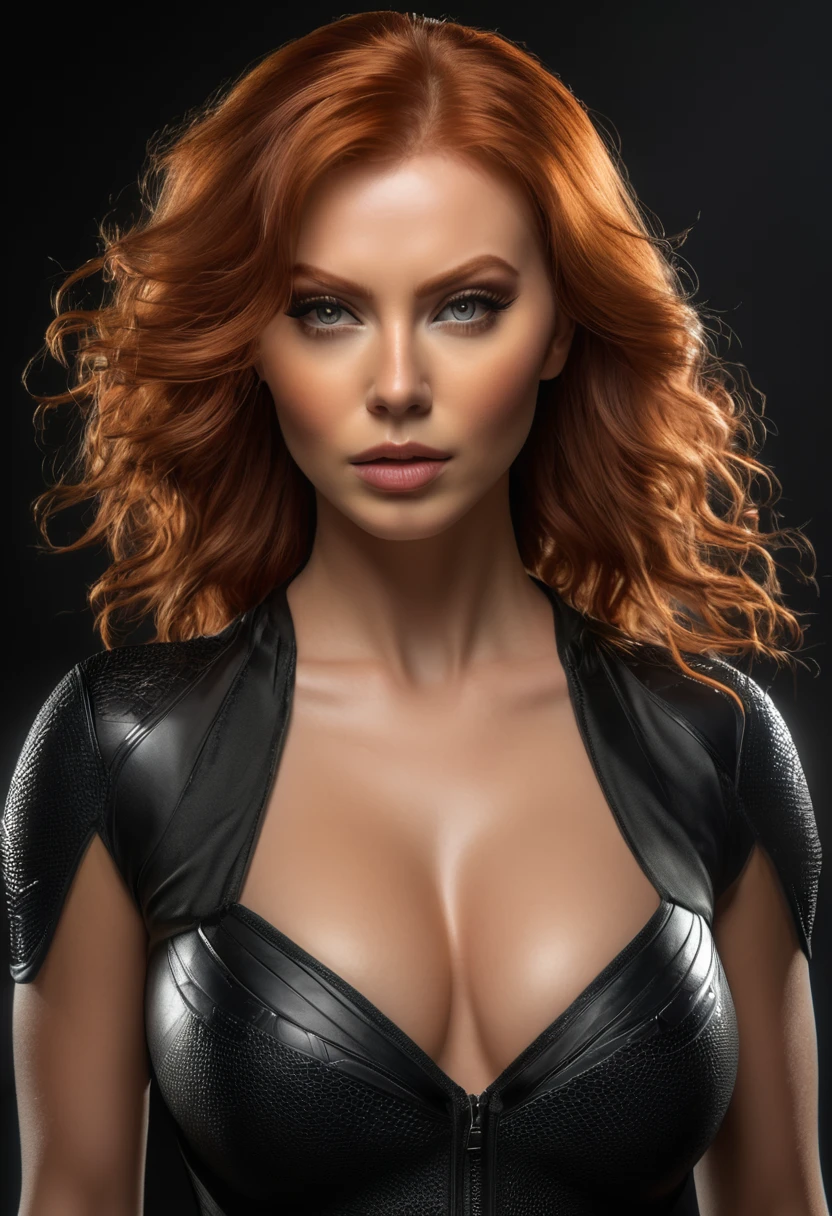 A beautiful redheaded woman with large breasts, dressed in a Black Widow-style outfit, standing facing the viewer, with excellent frontal lighting,(best quality,4k,8k,highres,masterpiece:1.2),ultra-detailed,(realistic,photorealistic,photo-realistic:1.37),detailed face and eyes,extremely detailed facial features,beautiful detailed lips,long eyelashes,cinematic lighting,dramatic lighting,dramatic pose,dynamic pose,volumetric lighting,studio lighting,intricate details,hyper realistic,vivid colors,highly detailed skin,porcelain skin,beautiful skin,flawless skin,windswept hair,flowing hair,strategic pose,heroic pose,powerful expression,confident expression,intense gaze,piercing gaze