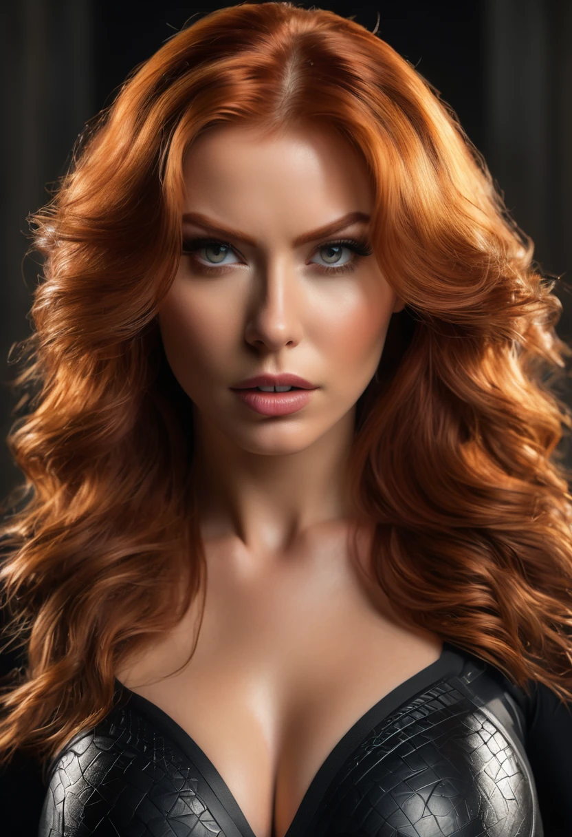 A beautiful redheaded woman with large breasts, dressed in a Black Widow-style outfit, standing facing the viewer, with excellent frontal lighting,(best quality,4k,8k,highres,masterpiece:1.2),ultra-detailed,(realistic,photorealistic,photo-realistic:1.37),detailed face and eyes,extremely detailed facial features,beautiful detailed lips,long eyelashes,cinematic lighting,dramatic lighting,dramatic pose,dynamic pose,volumetric lighting,studio lighting,intricate details,hyper realistic,vivid colors,highly detailed skin,porcelain skin,beautiful skin,flawless skin,windswept hair,flowing hair,strategic pose,heroic pose,powerful expression,confident expression,intense gaze,piercing gaze