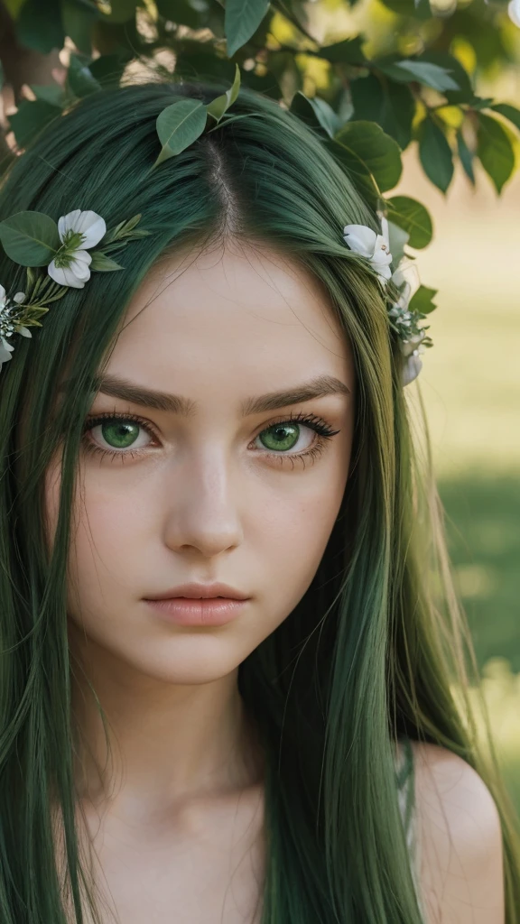 a girl. face sent feeling. Europe. Oval face. long face. delicate facial features. sad eyes. seductively seductive. green eyes. long straight hair. green hair. wreath on head. disappointed expression. straight face. outdoor