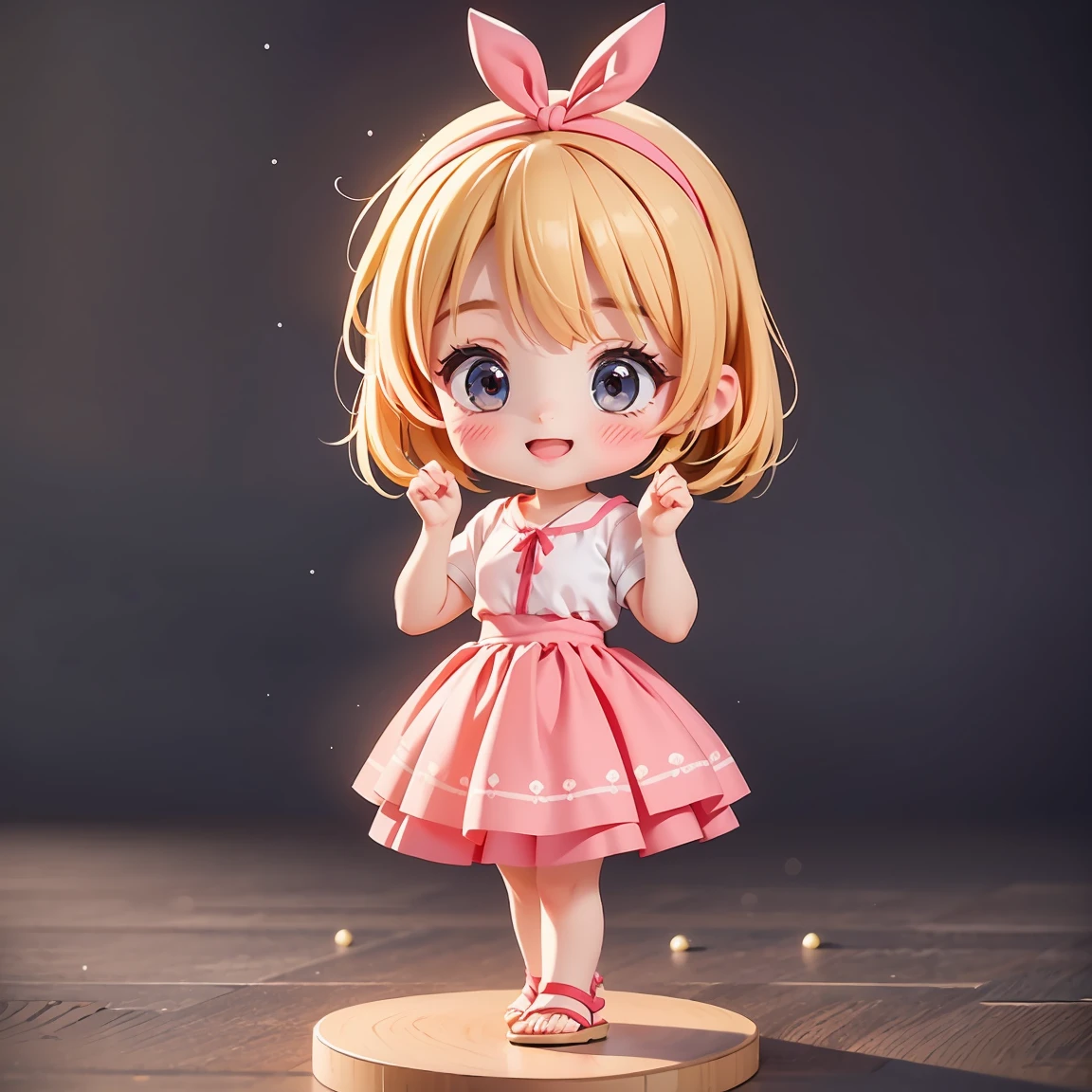 Super Chibi Character:1.8、wearing cute sandals、background:Simple all over、Blonde Hair、Cute 7 year old girl、Random cute outfits、Short legs、Sandals with ribbon、Super Happy Smile:1.8、Jumping with hands raised、Jumping with hands raised、Jumping with hands raised、Jumping with hands raised