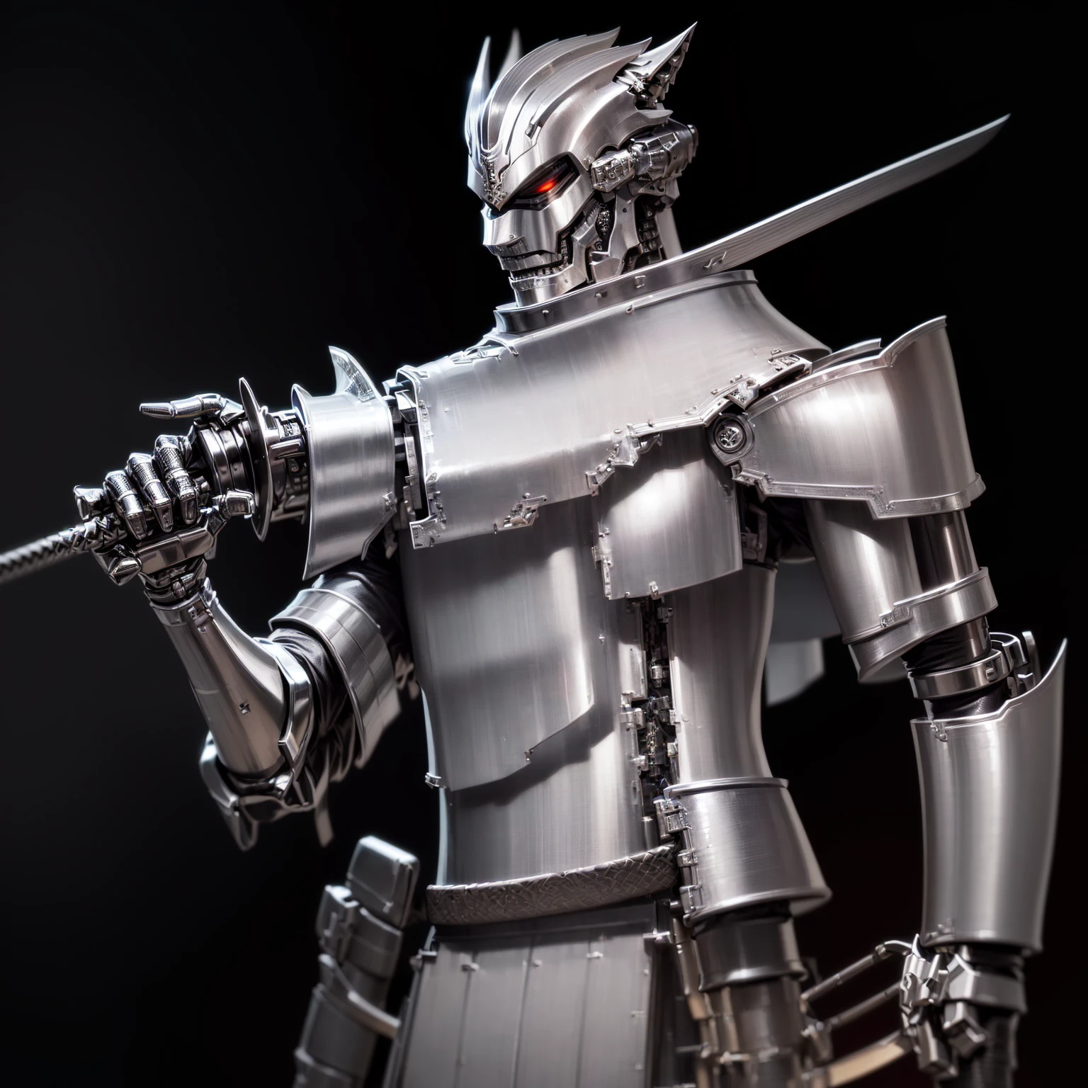 a close-up of a person holding a sword and a sword, blade armor, japanese cybernetic samurai armor, dynasty warrior hybrid, cyborg samurai, warrior platinum armor, covered in full silver armor, sharp silver armor, with sleek silver armor, the golden cat knight in armor, cyborg dr doom in ornate armor, silver armor, cyber japan style armor