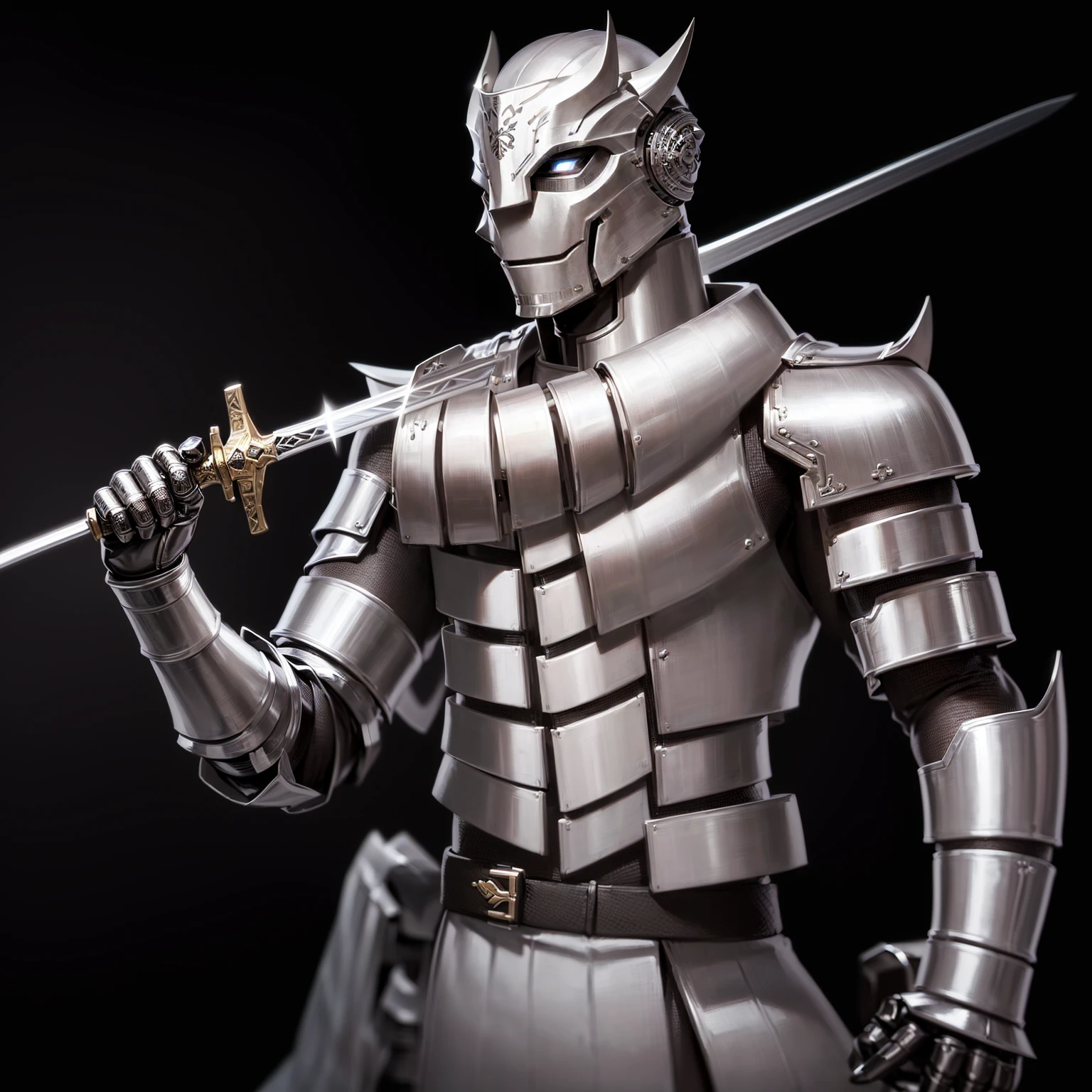 a close-up of a person holding a sword and a sword, blade armor, japanese cybernetic samurai armor, dynasty warrior hybrid, cyborg samurai, warrior platinum armor, covered in full silver armor, sharp silver armor, with sleek silver armor, the golden cat knight in armor, cyborg dr doom in ornate armor, silver armor, cyber japan style armor