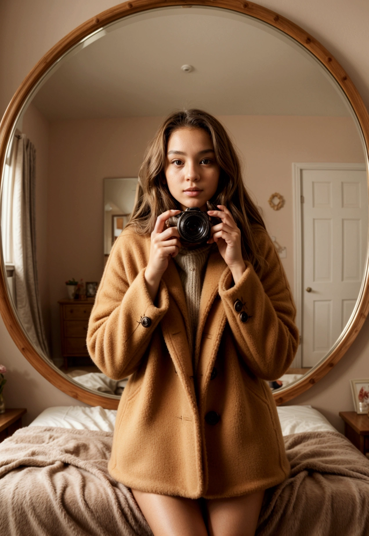 Beautiful girl in a caramel-colored wool coat taking a photo in the large round wooden mirror in her room.