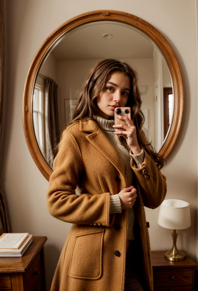 Beautiful girl in a caramel-colored wool coat taking a photo in the large round wooden mirror in her room.