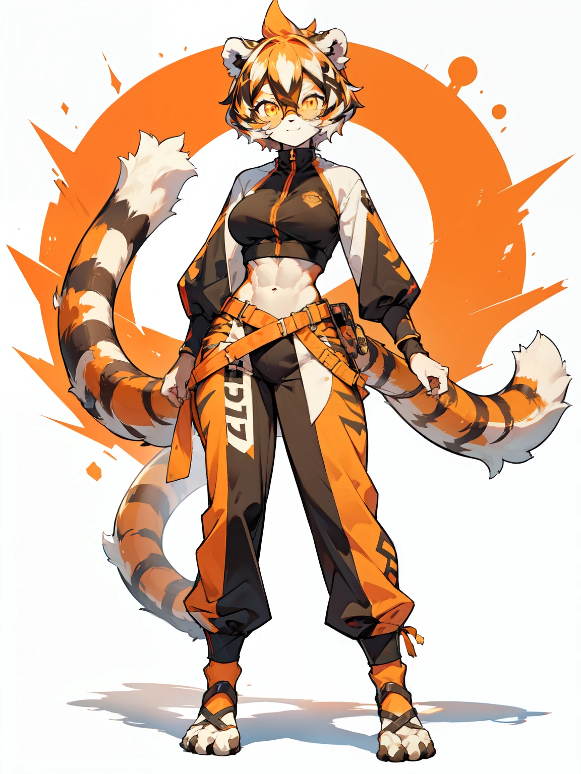 white background, full body,1girl，solo, Standing:1.5, animal ears, white hair, black hair, short hair, large breasts, Abdominal muscles,, tail, orange eyes, orange hair, multicolored hair, tiger girl, hair between eyes, tiger_ears, tiger_tail, orange-tinted_eyewear, tinted_eyewear, big breasts, evil smile, Shadows under feet,(((Gamer outfit:1.2))),