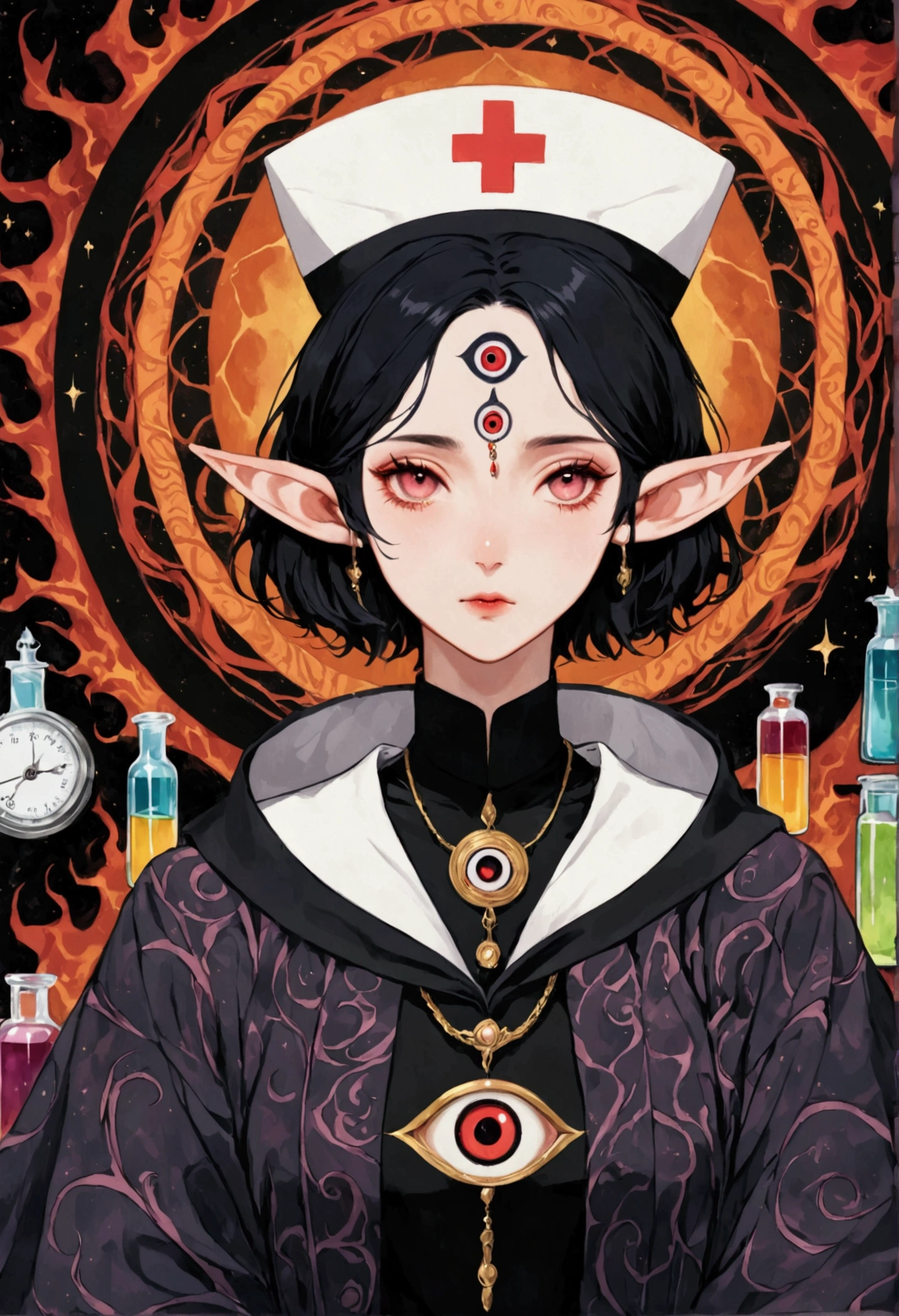Gothic Dark Art,(((Lord Nether,独奏,third eye on the forehead,Elf ears))),(((robe:1.6,Eye Diagram,Dark Pattern))).(((Nurse hat,Infusion bottles))),whole body,Death Stare Background。body movements