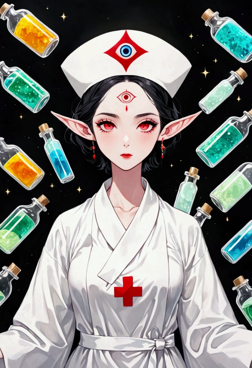 (((Lord Nether，short hair，独奏，third eye on the forehead，Elf ears))),(((robe：1.6，Eye Diagram，Dark Pattern))).(((Nurse hat，Infusion bottles，medical instruments)))，whole body，Death Stare Background。body movements